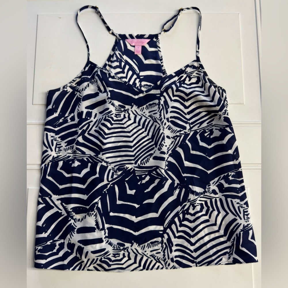 Lilly Pulitzer Women’s Sz S Blue Floral 100% Silk Tank Top Blouse Shirt Light